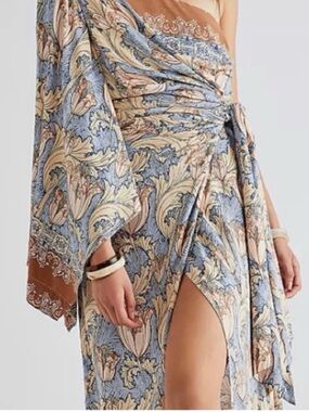 Free People One-Shoulder Wrap Maxi Dress in Blue, Tan and Cream